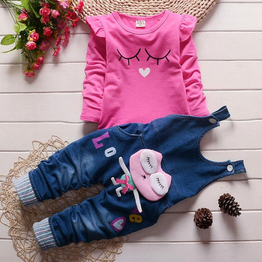 2-piece Solid Ruffle Tops & Denim Dungarees for Toddler Girl