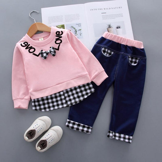 2pcs Fashion Color-block Plaid Love Print Pullover and Pants